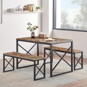 VECELO Mesa de cocina para 4 con 2 bancos, juego de comedor de madera con marco de metal para desayunadores y espacios pequeños, marrón