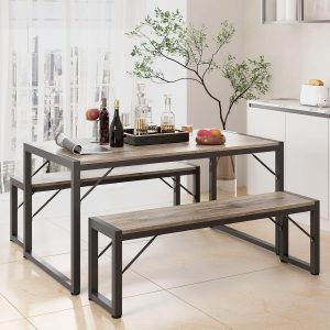 Gizoon 45.5" Dining Table Set for 4, Kitchen Table Set with 2 Benches, Dining Room Table Set with Metal Frame & MDF Board, Space-Saving Dinette for Kitchen, Dining Room -Grey